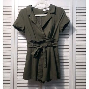 Do & Be Safari Romper Women's Small Olive Green Linen Blend Paperbag Waist Lined